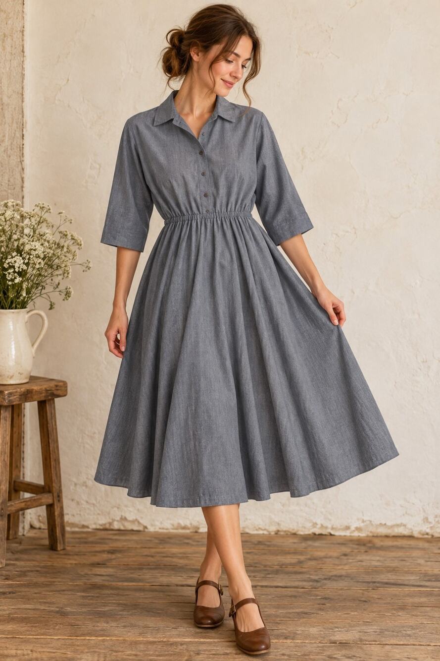 Vintage Willow Ridge Cottagecore Teacher Midi Dress Blue Gray Full Skirt 8P